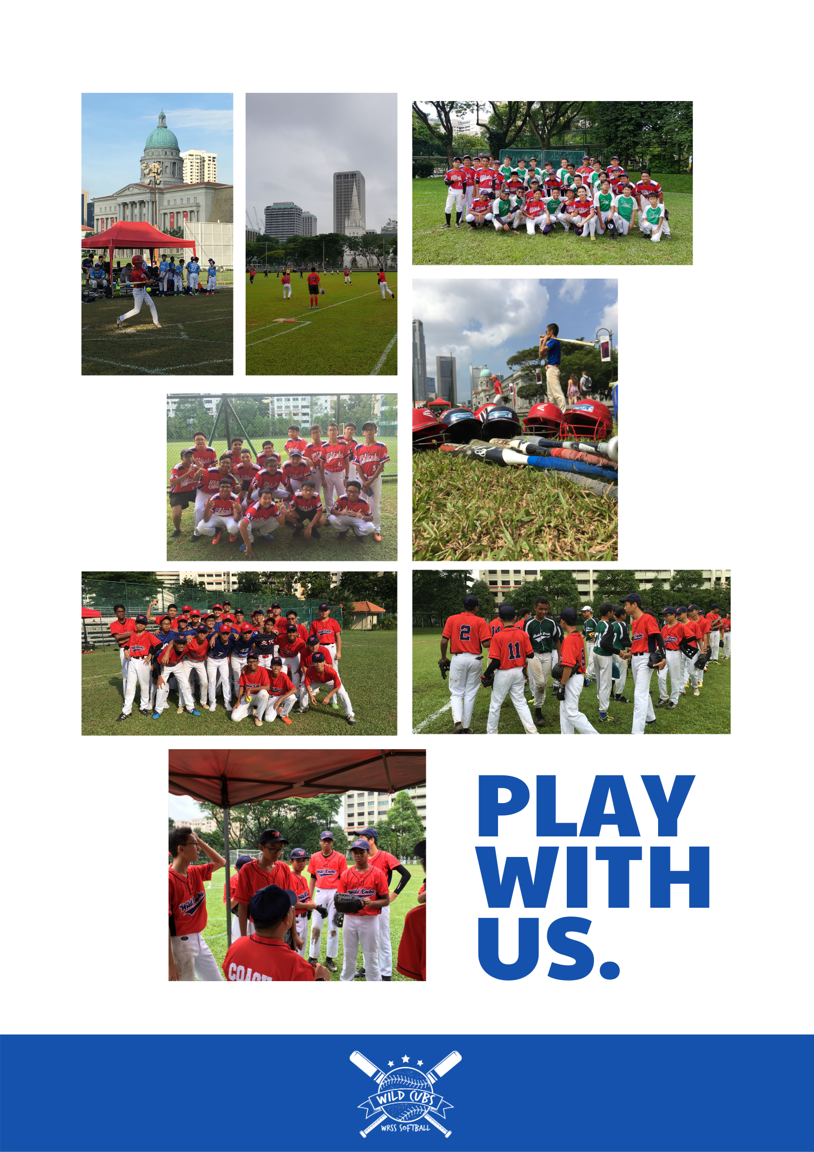 Collage of softball photos saying Play with us